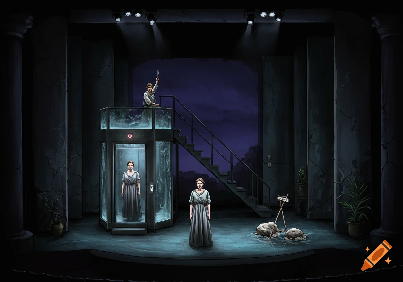 A dark theatrical set with a man on a balcony, a woman in a glass elevator with water, and another woman on stage.