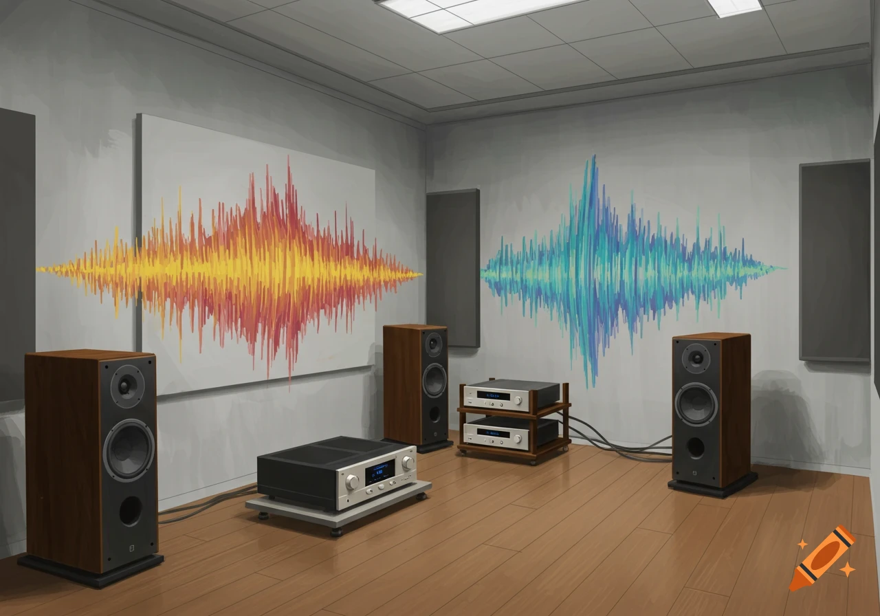 An illustration of a room with a hifi audio system, including speakers and amplifiers, with large soundwave graphics on the walls.