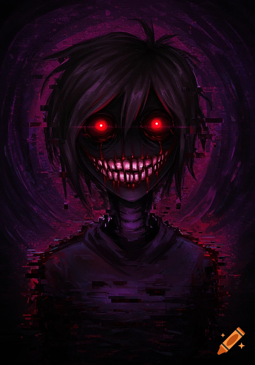 A dark, creepy figure with glowing red eyes and a wide, bloody grin amidst purple glitch effects.