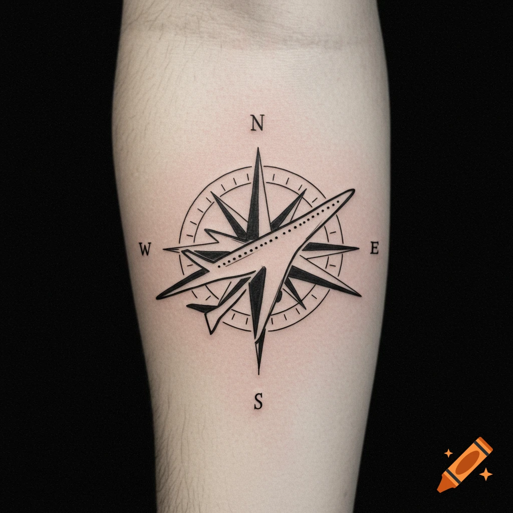 A minimalist black and white tattoo of an airplane over a compass rose on a person's arm.