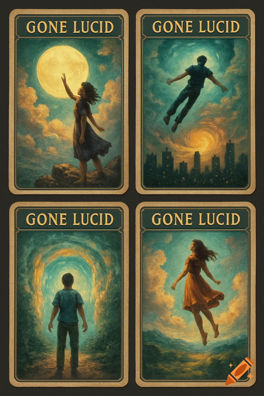 Four dreamlike trading cards with people floating or reaching, set against celestial and abstract landscapes.
