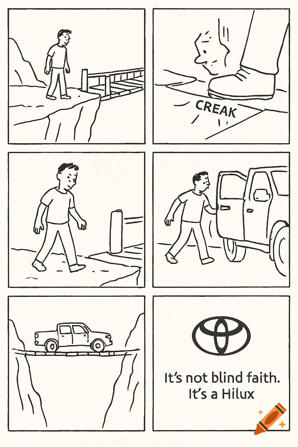 A six-panel black and white comic advertisement. A man approaches a flimsy bridge, steps on it, and it creaks. He walks away, then gets into a Toyota Hilux, which confidently drives across the bridge. The last panel shows the Toyota logo and text: "It's not blind faith. It's a Hilux."