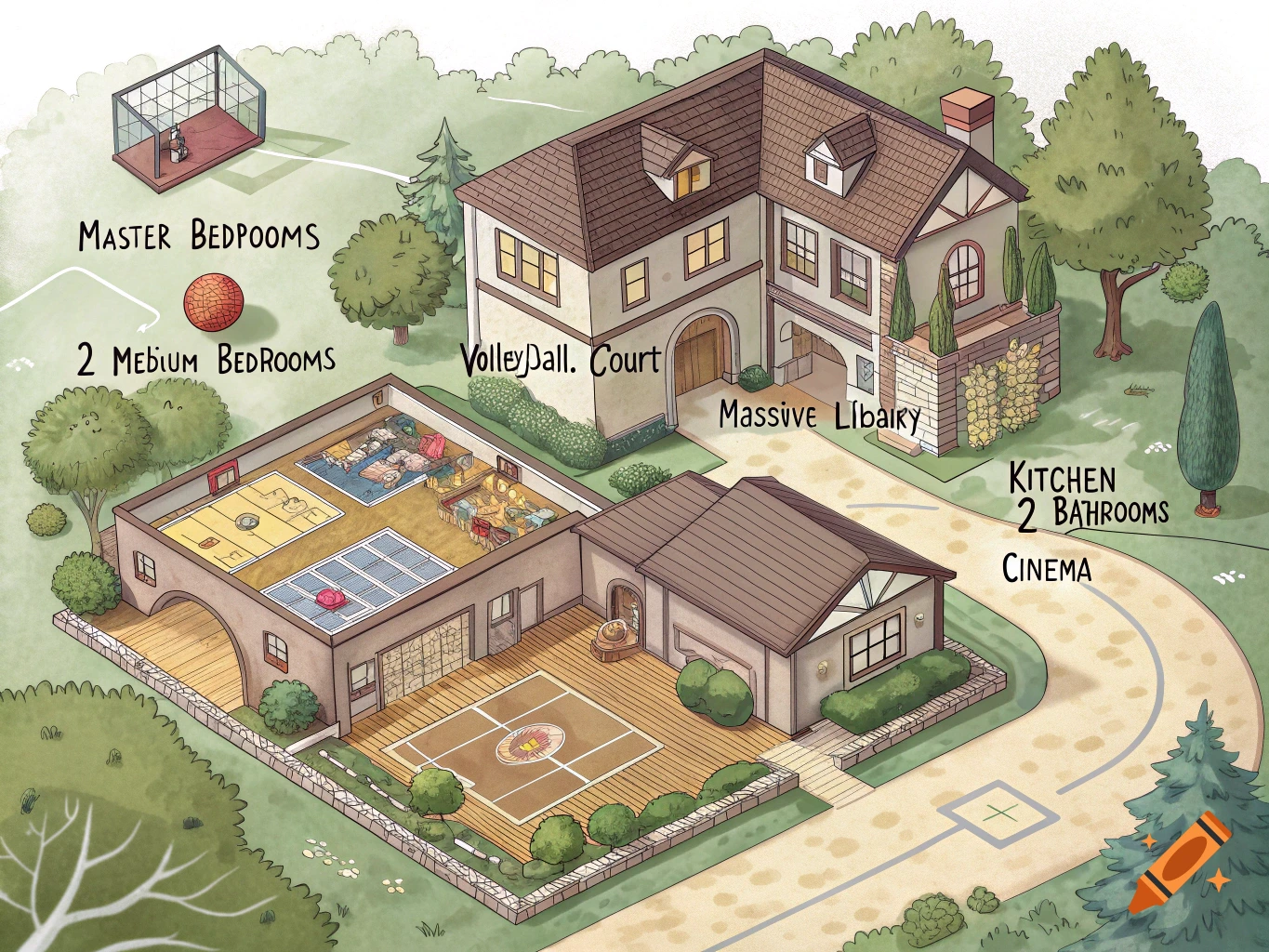 A colorful, cartoony isometric floor plan illustration of a large house with multiple rooms, a volleyball court, and outdoor landscaping.