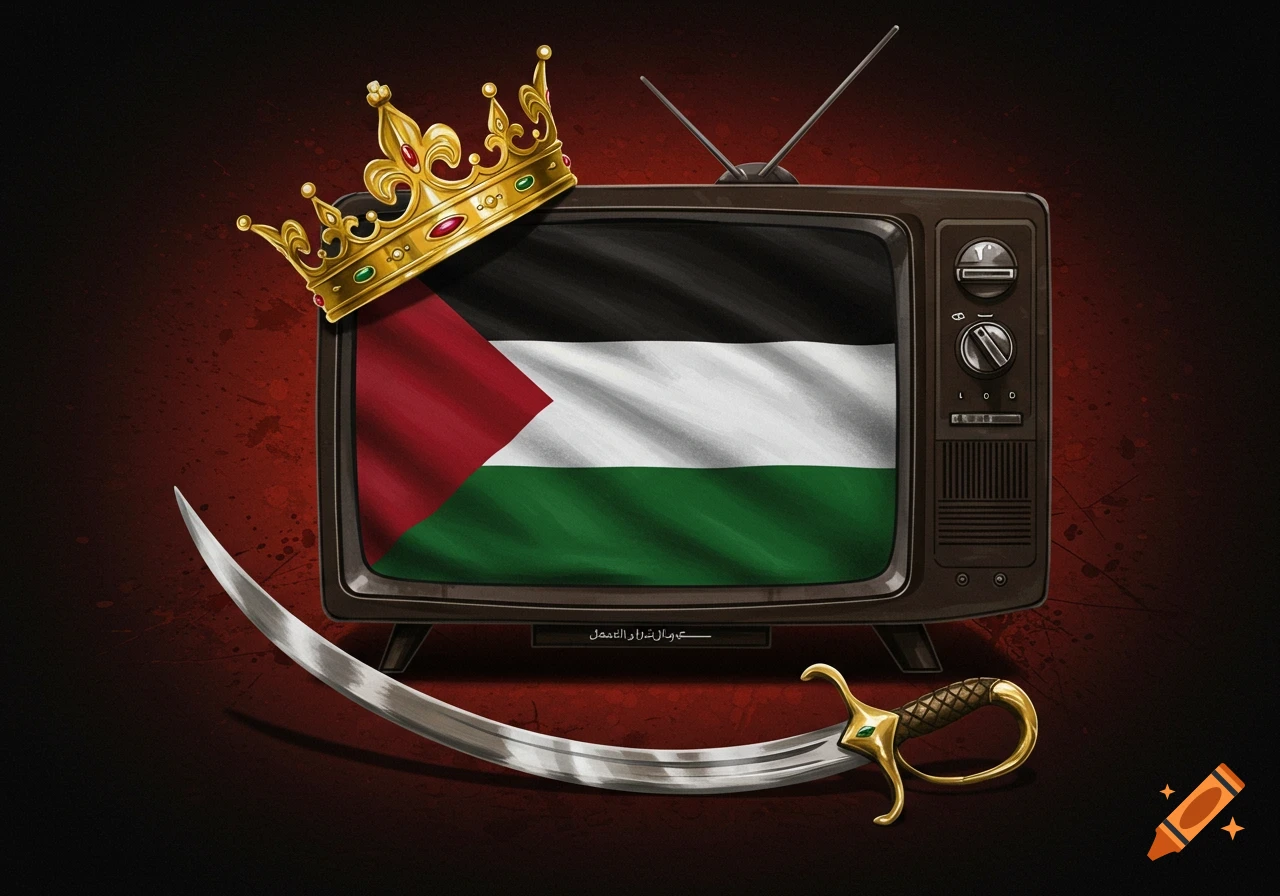 An illustration featuring a vintage television displaying the Palestinian flag, topped with a golden crown, and a curved sword laid in front.