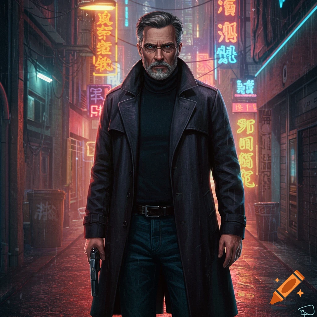 A grizzled private detective with glasses and a beard stands in a dark trench coat on a rainy, neon-lit cyberpunk street, holding a pistol.