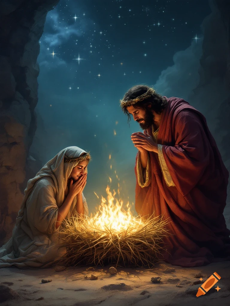 Jesus and a woman kneel and pray around a glowing fire in a dark cave under a starry night sky.