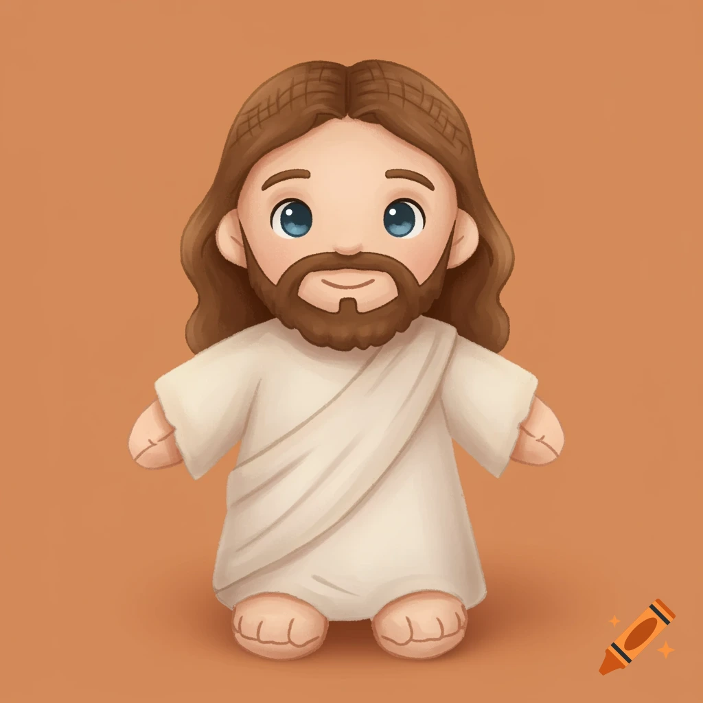 A cute, cartoon-style plush doll of Jesus with brown hair and beard, wearing white robes, against an orange background.