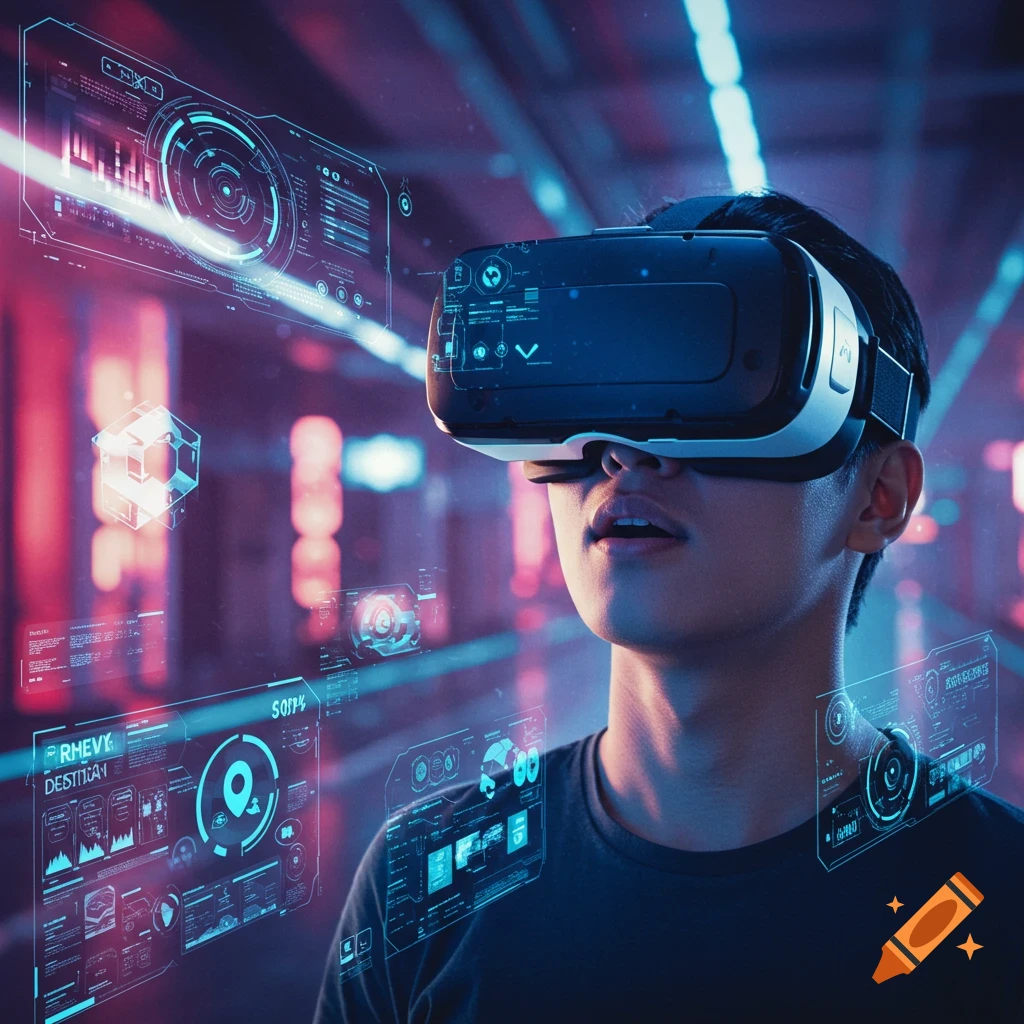 A person wearing a VR headset looks at glowing holographic interfaces in a neon-lit futuristic setting.