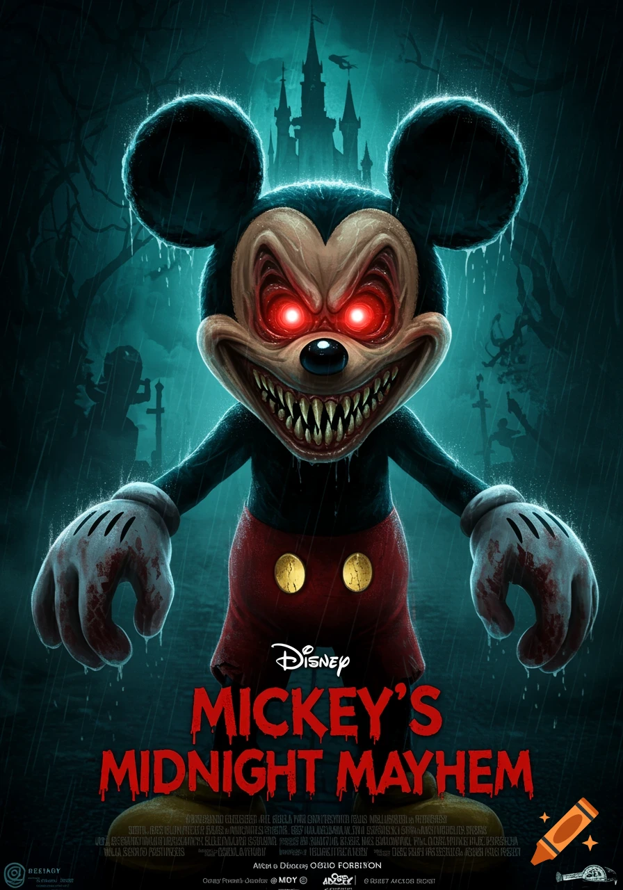 A horror movie poster featuring a monstrous Mickey Mouse with glowing red eyes and sharp teeth, standing in the rain before a dark castle.