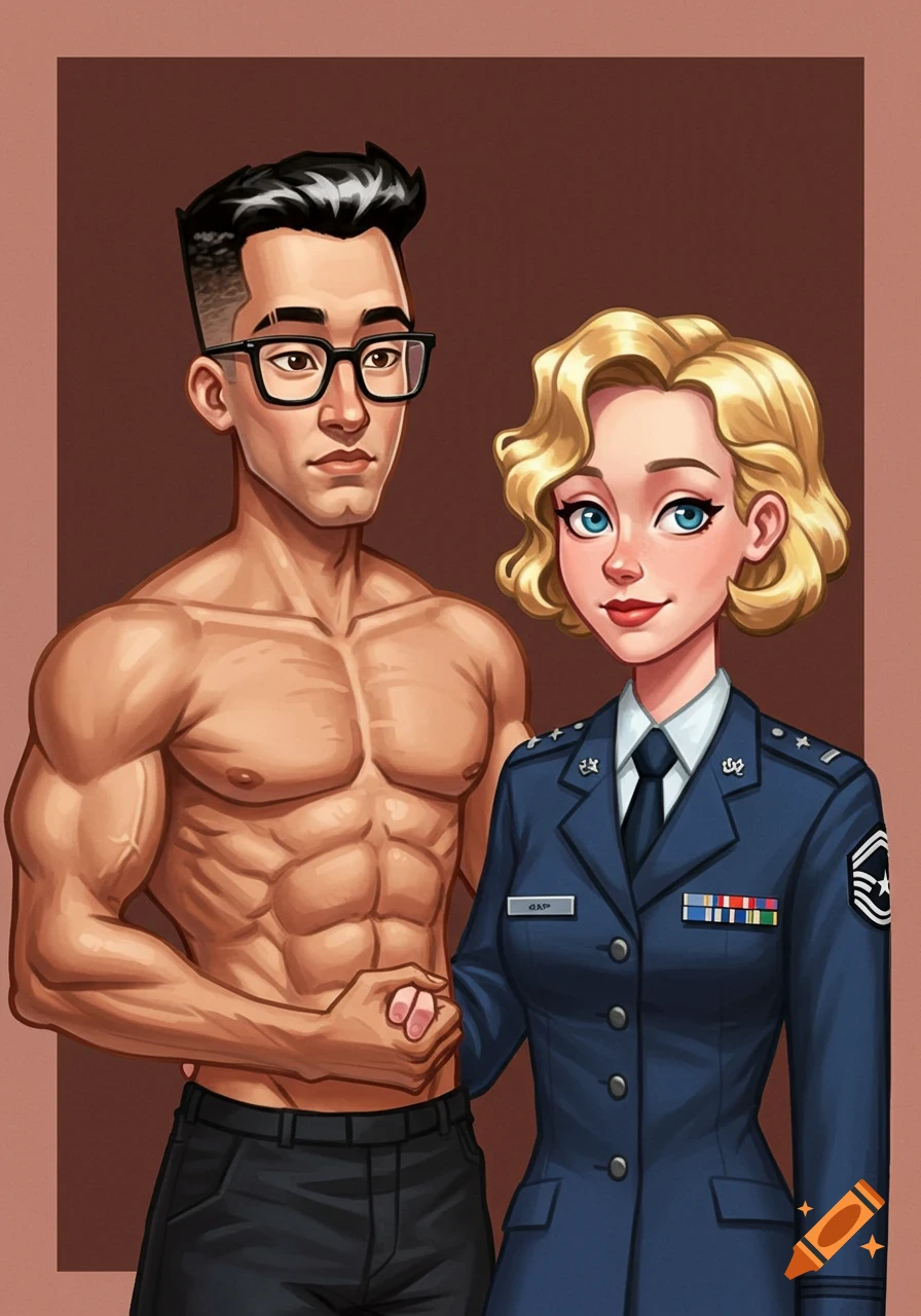 A cartoon man with glasses and abs stands beside a woman in an Air Force uniform, holding hands.