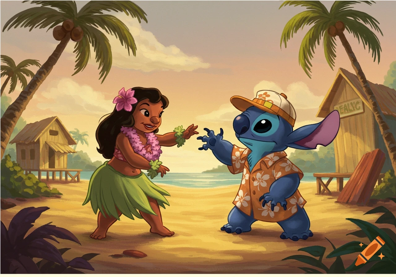 Lilo and Stitch dancing on a sandy beach with palm trees and huts at sunset, in a cartoon style.
