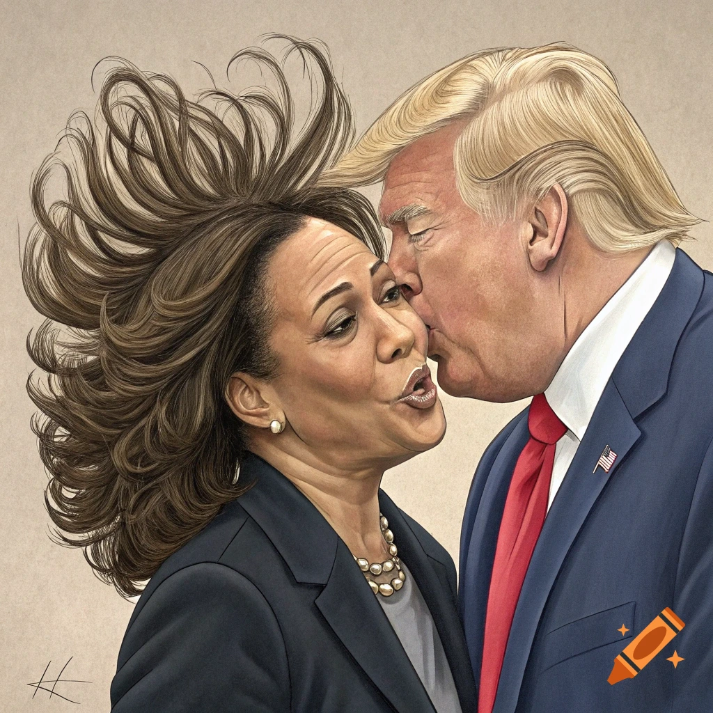 Caricature of Donald Trump kissing Kamala Harris on the cheek, her hair disheveled and wild.