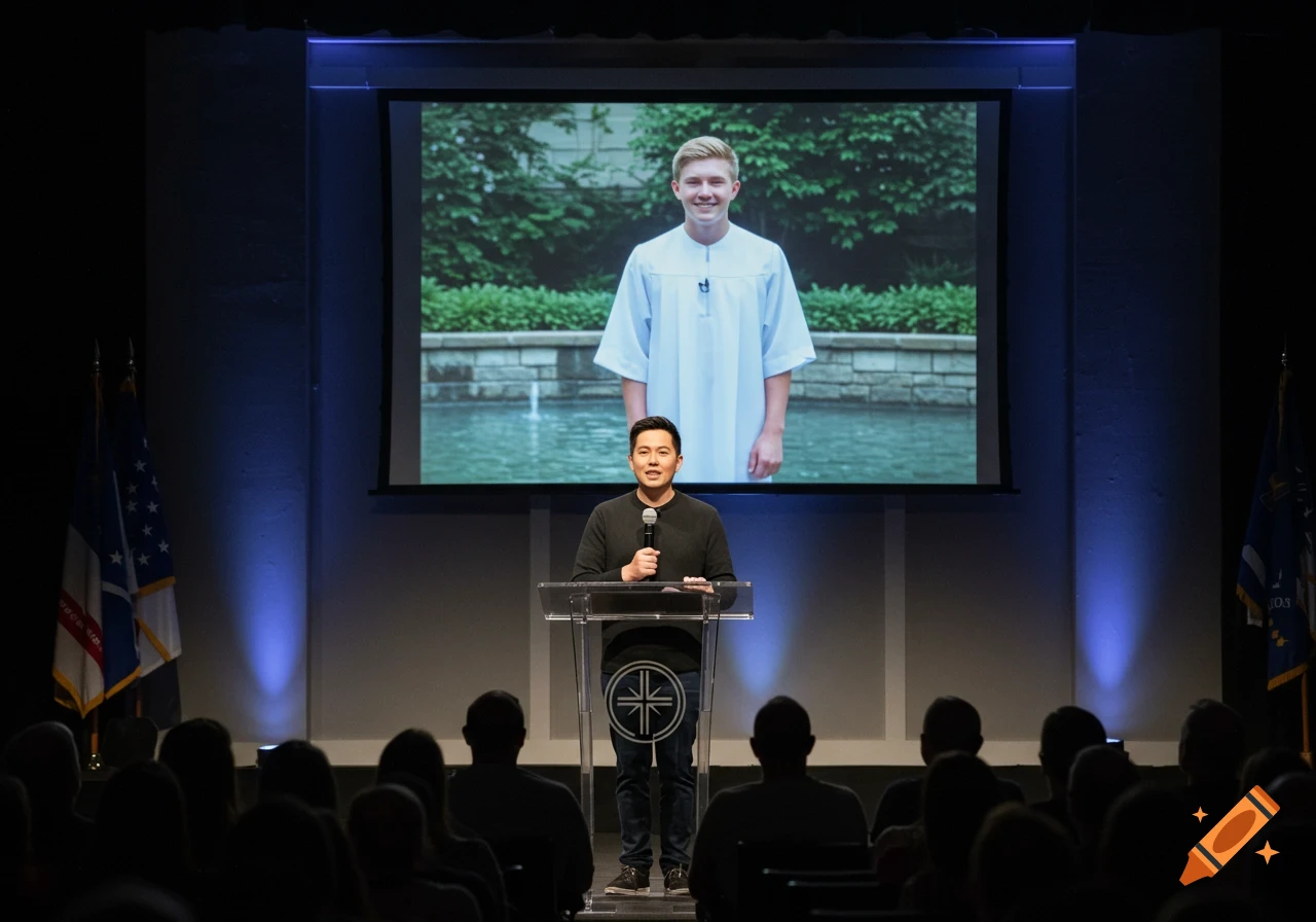 A man speaks at a podium on a stage in front of an audience, with a large screen behind him displaying a portrait of a smiling young man in a white robe.