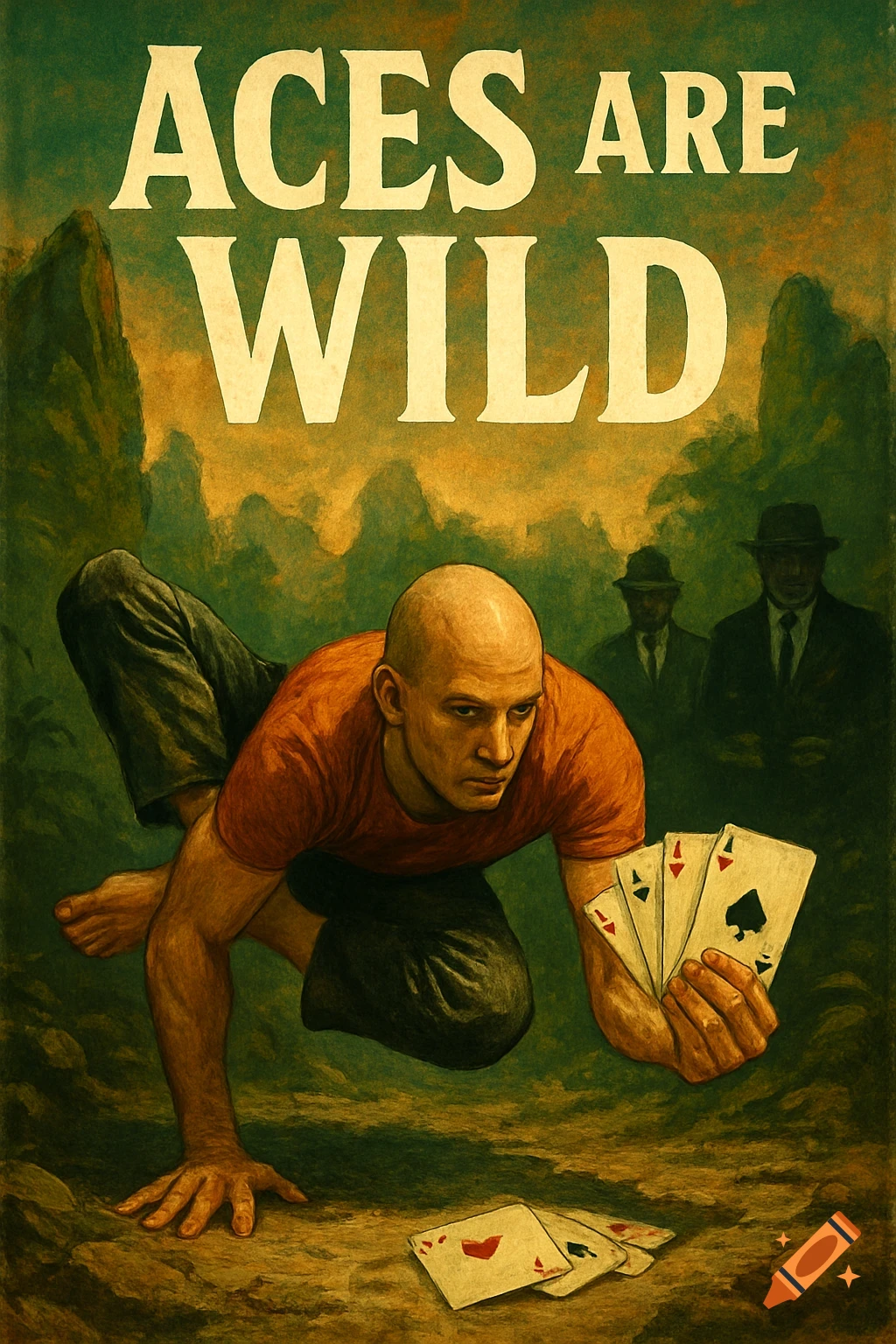 Illustrated vintage poster of a bald man in an arm balance pose holding aces, with shadowy figures in the background. Text: ACES ARE WILD.
