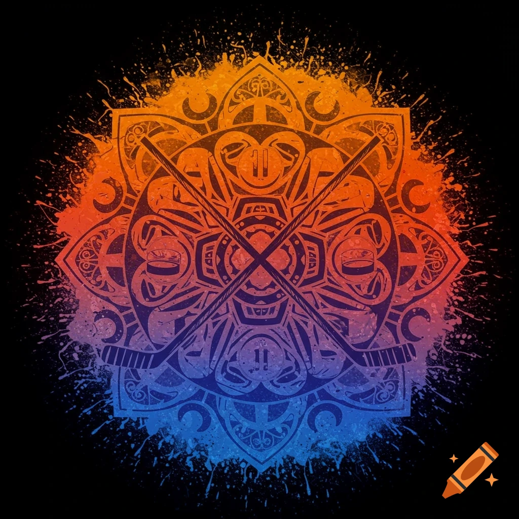 A vibrant orange and blue gradient hockey mandala with crossed sticks, a puck, and stylized numbers within its design. Graphic art style.