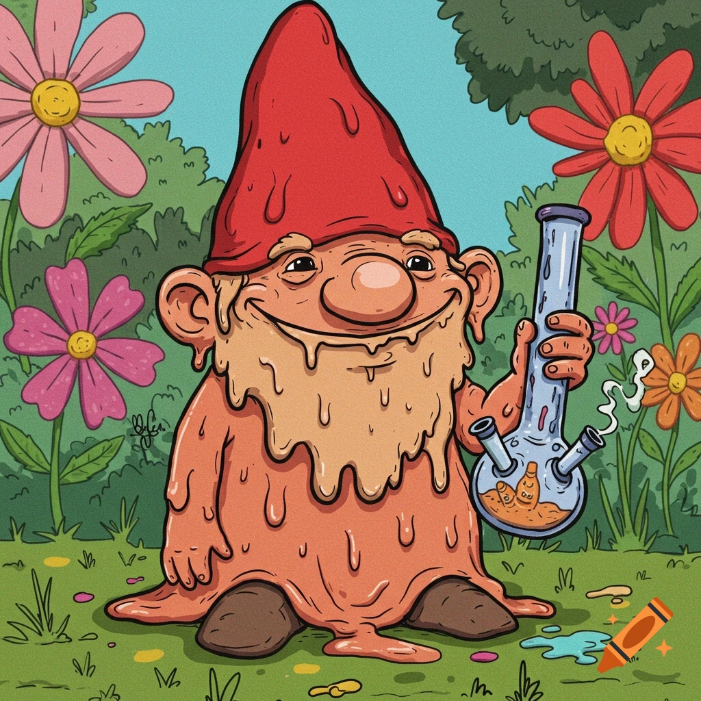 A cartoonish, melting garden gnome with a red hat, holding a bong, stands in a colorful garden with flowers.