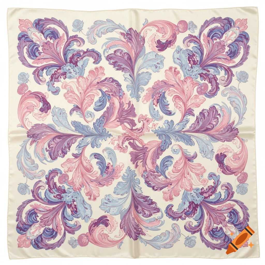 A cream-colored silk scarf with an ornate symmetrical pattern of purple, pink, and light blue rococo-style leaves and scrolls.