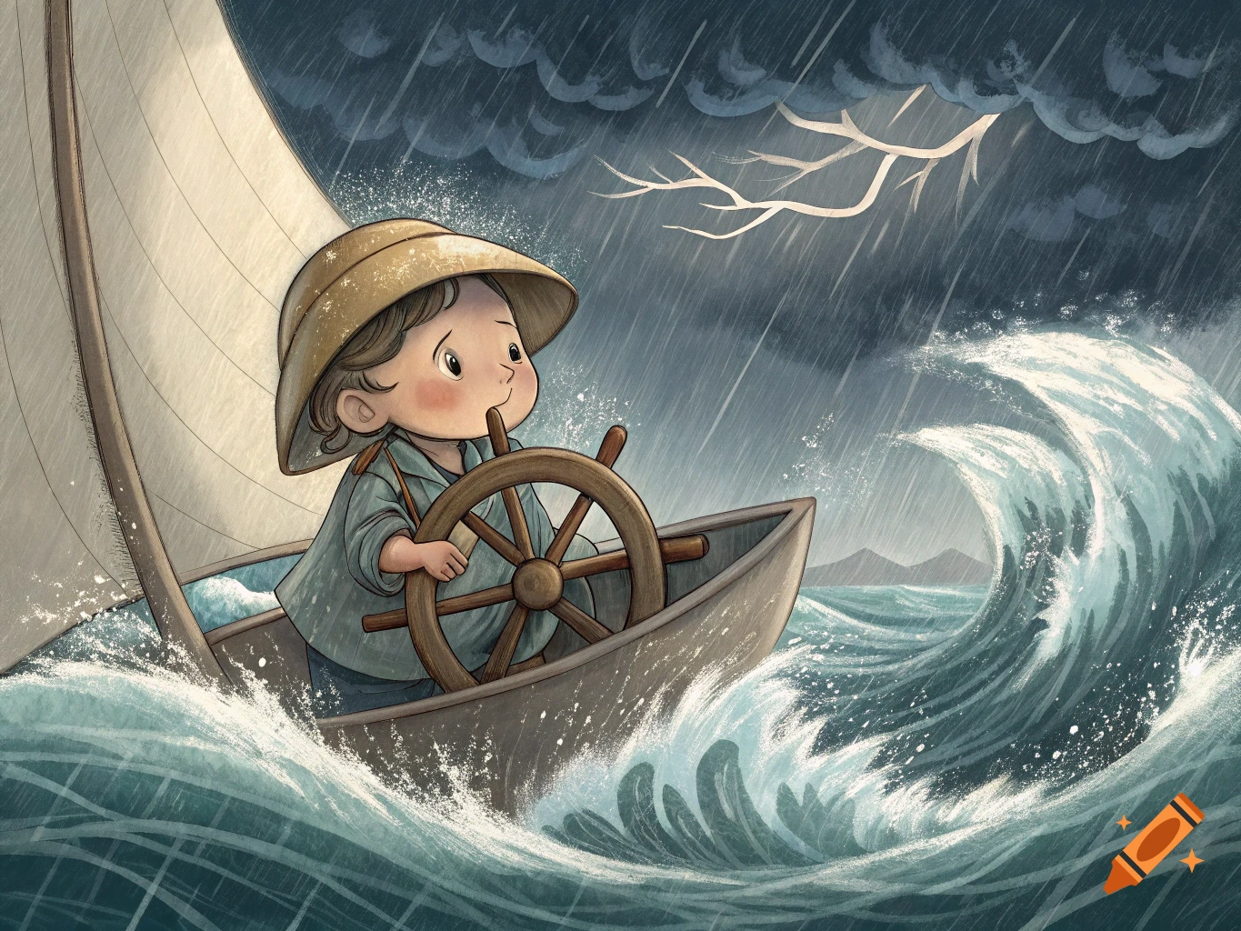 A whimsical illustration of a toddler in a straw hat navigating a small sailboat through large waves in a heavy rainstorm.