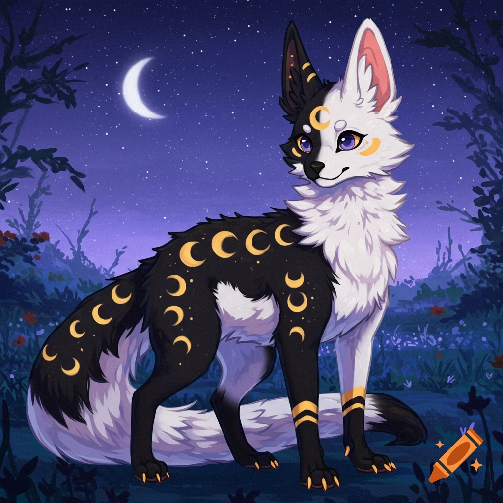 A black and white furry creature with crescent moon patterns stands in a mystical night forest under a crescent moon.