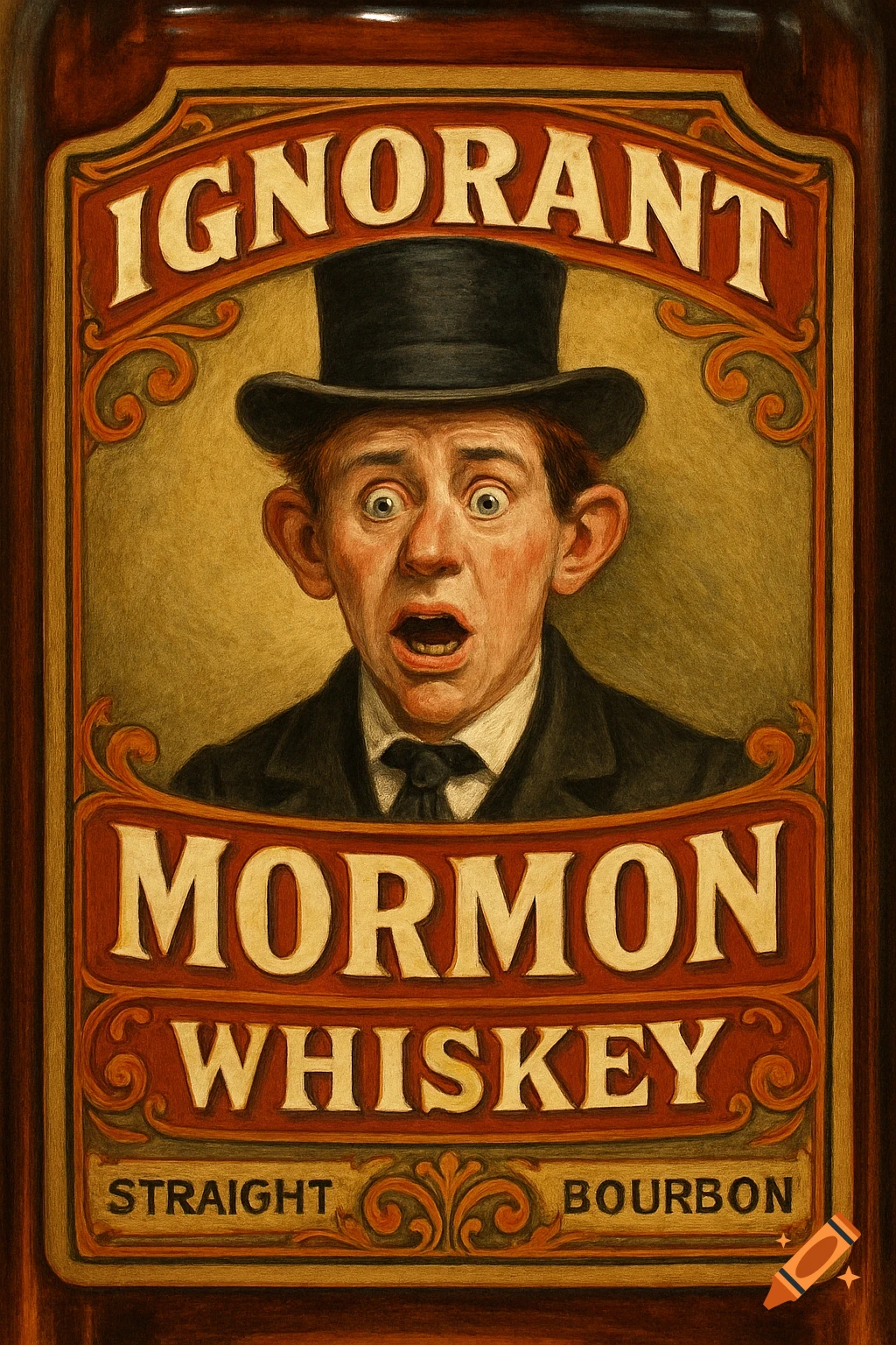A vintage illustrated whiskey label for "Ignorant Mormon Whiskey" featuring a surprised man in a top hat.