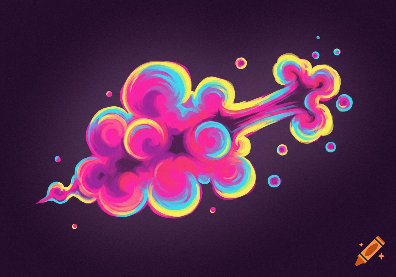 Vibrant abstract illustration of a colorful cloud-like shape with swirls of pink, blue, and yellow, on a dark background.