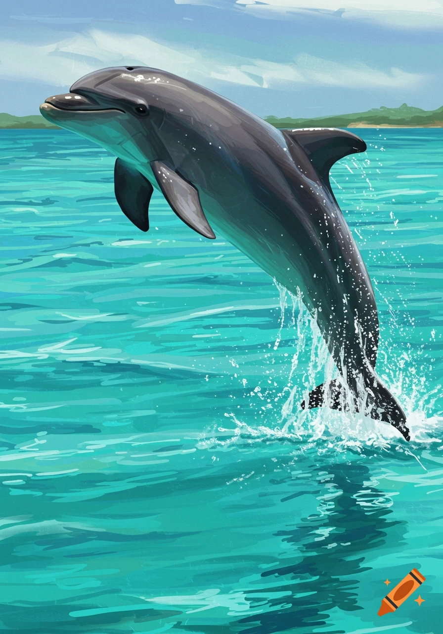 A vibrant illustration of a dolphin leaping out of clear turquoise ocean water, creating splashes.