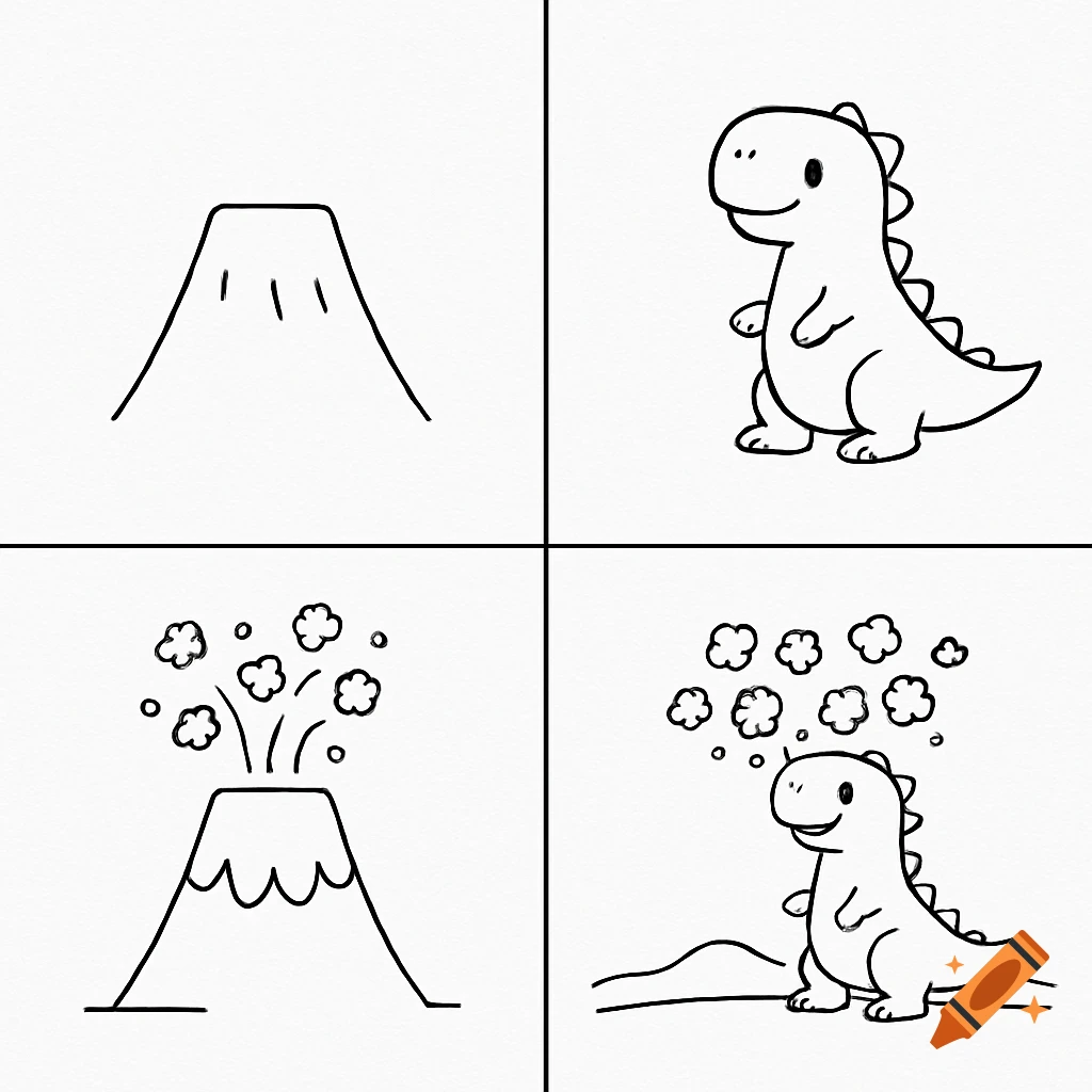 Four-panel step-by-step cartoon drawing guide for a dinosaur and a volcano.