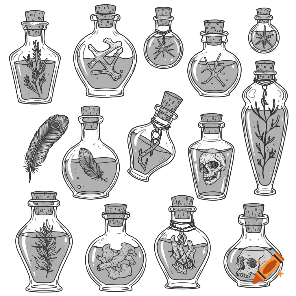An assortment of grayscale clip art potion bottles containing plants, bones, and skulls, with a single feather beside them.