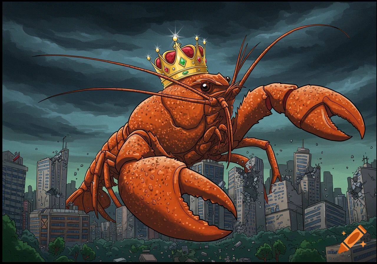 A giant, orange cartoon crayfish wearing a golden crown looms over a destroyed city under a stormy sky.
