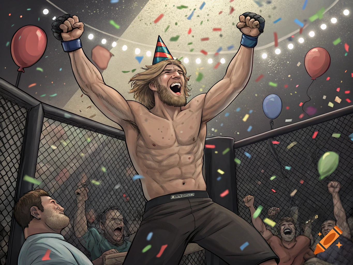 Cartoon illustration of a muscular, shirtless male fighter with a beard and party hat celebrating in a UFC ring with arms raised, surrounded by confetti and cheering fans.