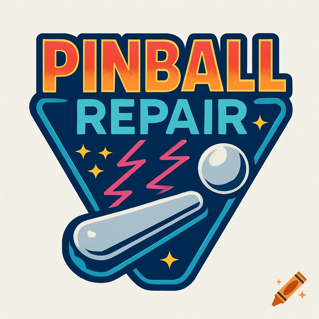 A retro 1980s style vector logo for pinball repair, featuring a pinball flipper, ball, and lightning bolts on a dark blue background.