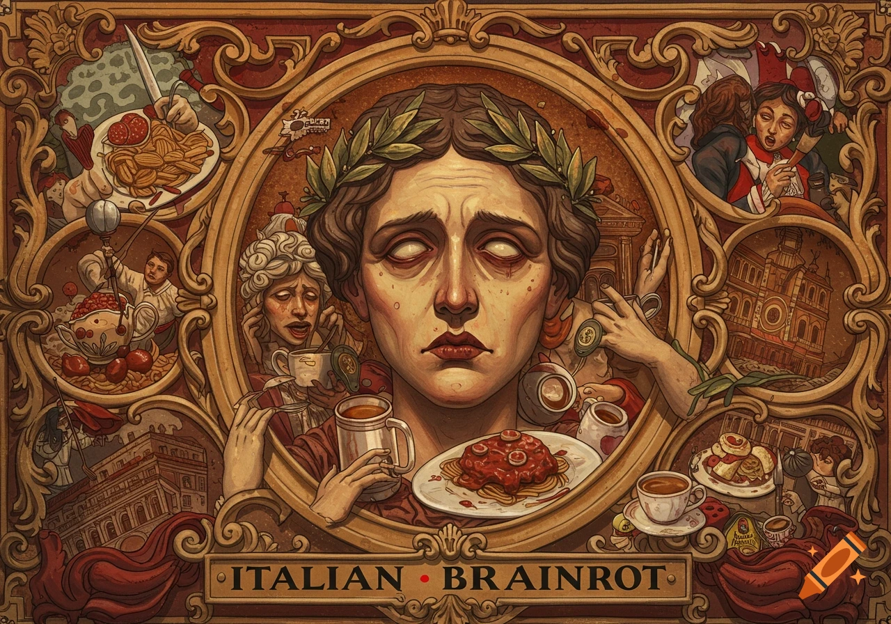 Ornate baroque illustration of a distressed woman surrounded by Italian food and scenes, with 'ITALIAN BRAINROT' text below.