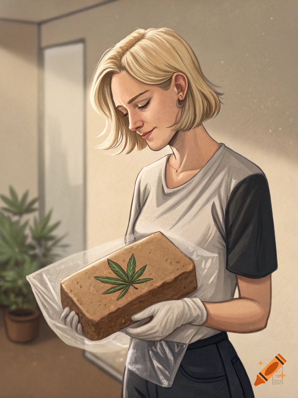 A blond woman wearing gloves holds a brick of cannabis in a plastic bag, an illustration style.
