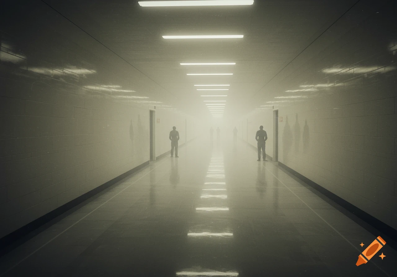 A long, foggy, gray hallway with fluorescent lights reflecting on the shiny floor, with several shadowy figures standing in the distance.