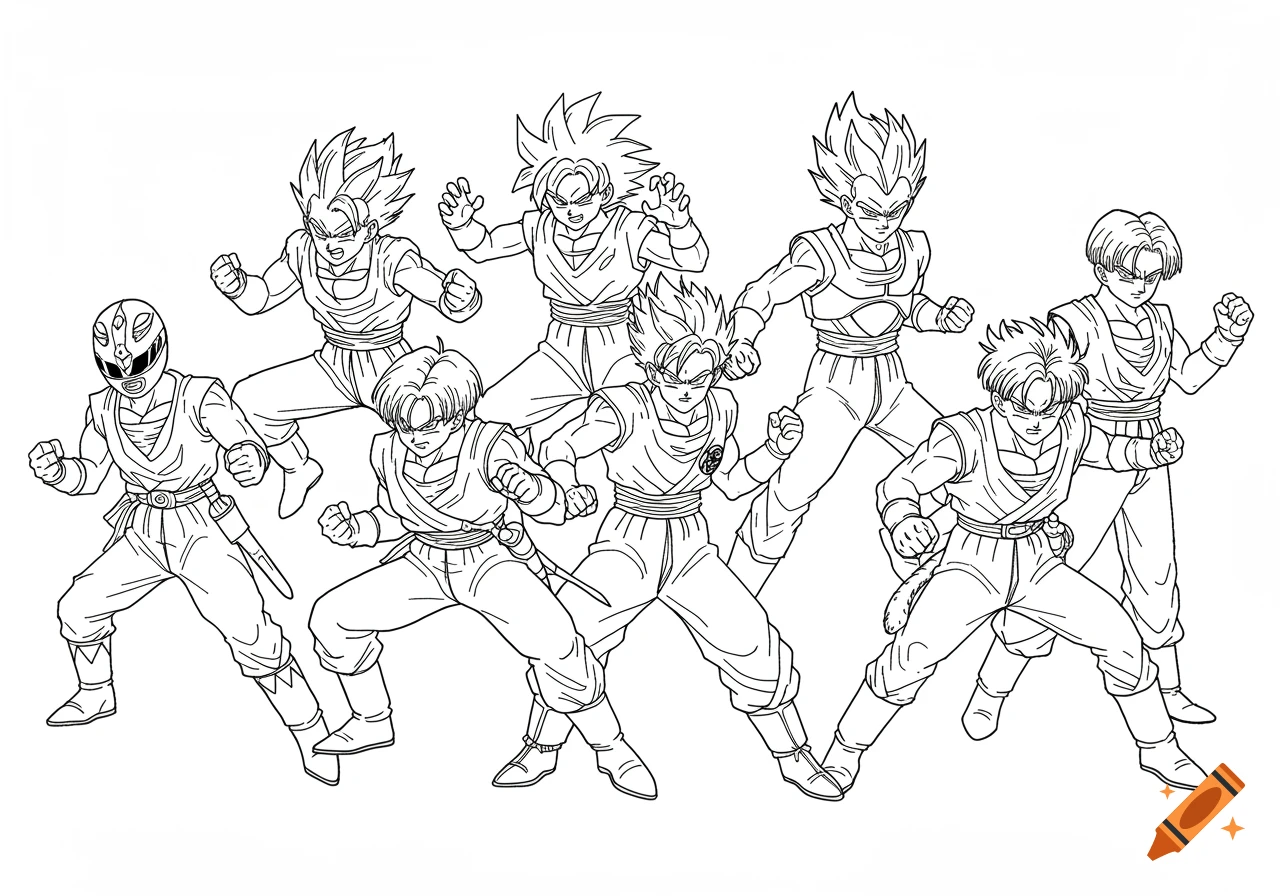 Black and white line art drawing of multiple Dragon Ball Z characters and one Power Ranger in heroic poses.