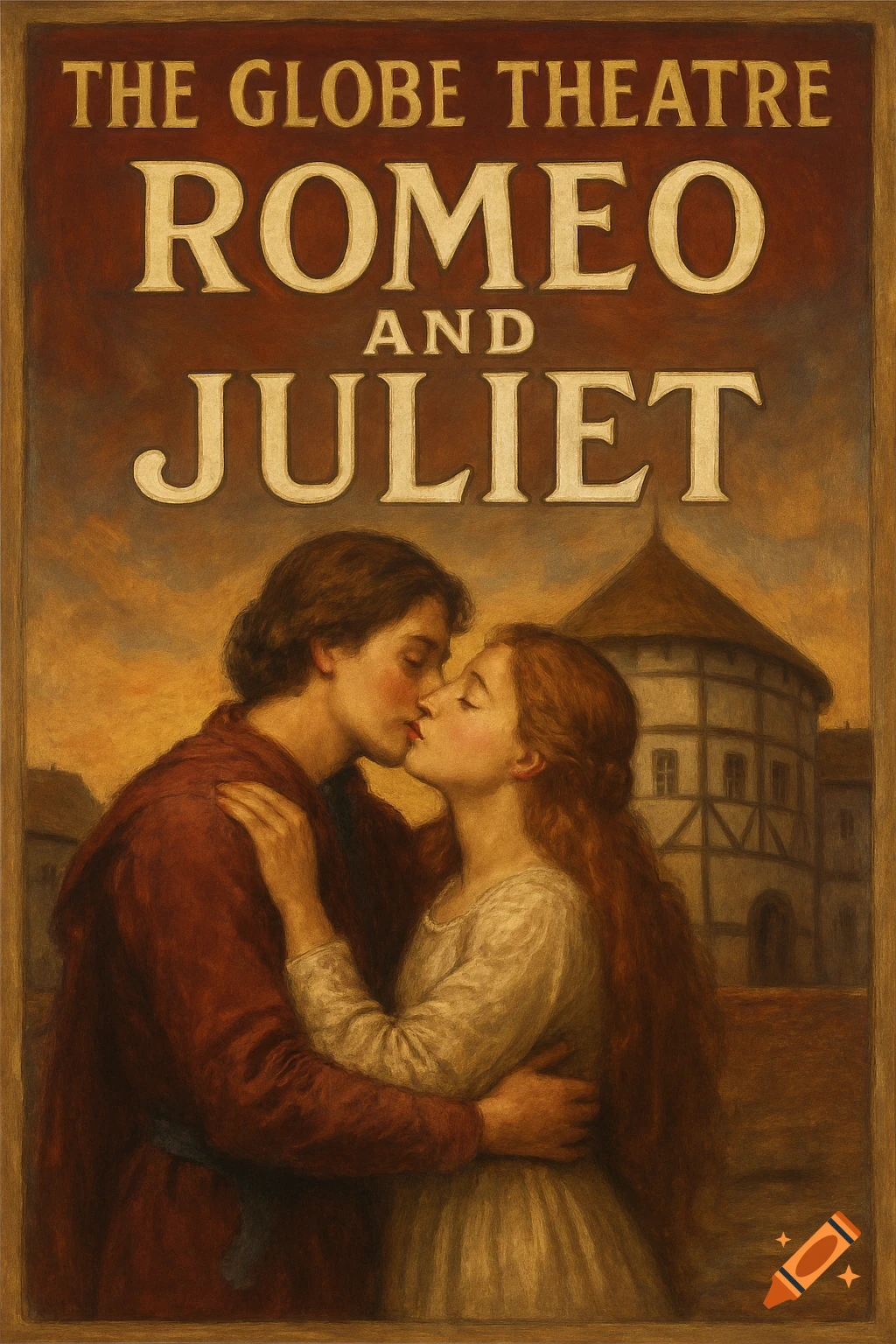 A vintage-style poster for 'The Globe Theatre Romeo and Juliet' showing Romeo and Juliet kissing with the theatre in the background.