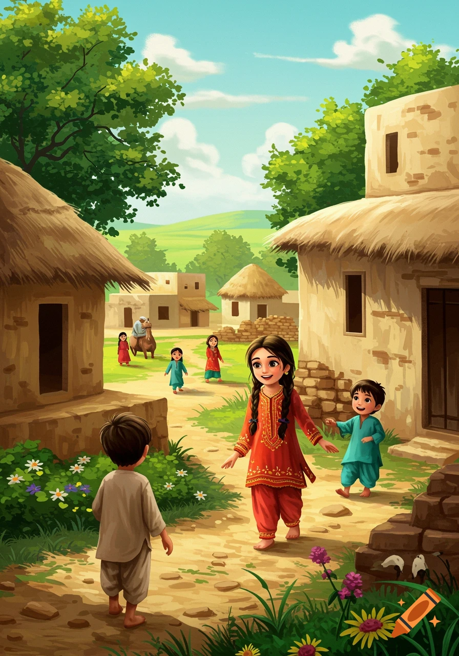 A vibrant illustration depicts children in traditional clothing playing in a sunny rural village with thatched-roof houses.