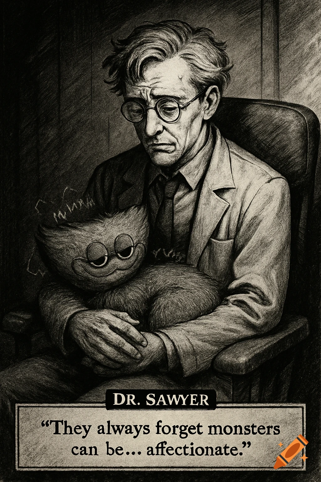 Black and white sketch of a somber man in glasses holding a fluffy monster plushie, with text caption below.