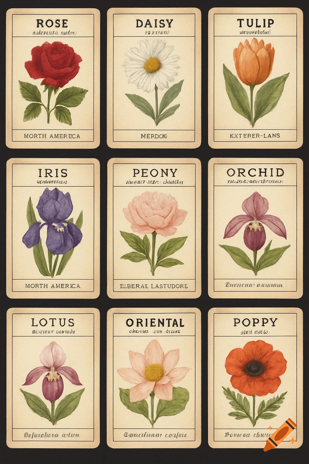 A grid of nine vintage-style botanical trading cards, each featuring a watercolor illustration of a different flower with its name and garbled text.