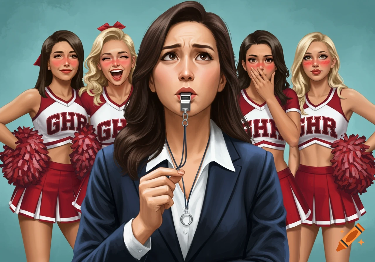 A woman coach looking annoyed with a whistle, surrounded by smirking cheerleaders in red and white uniforms, in an illustrated style.