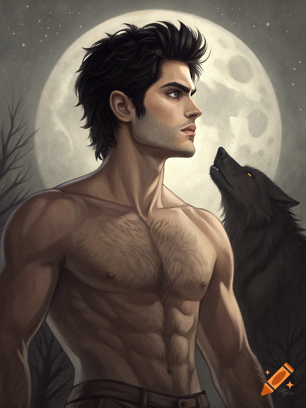 A shirtless muscular man with black hair looks to the right, with a black wolf howling beside him against a large full moon backdrop.