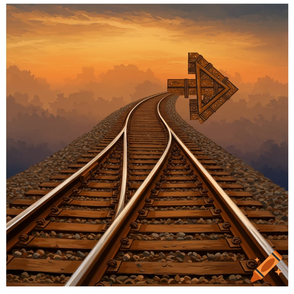Railroad tracks split under an orange sky, with an ornate arrow made of tracks pointing right.
