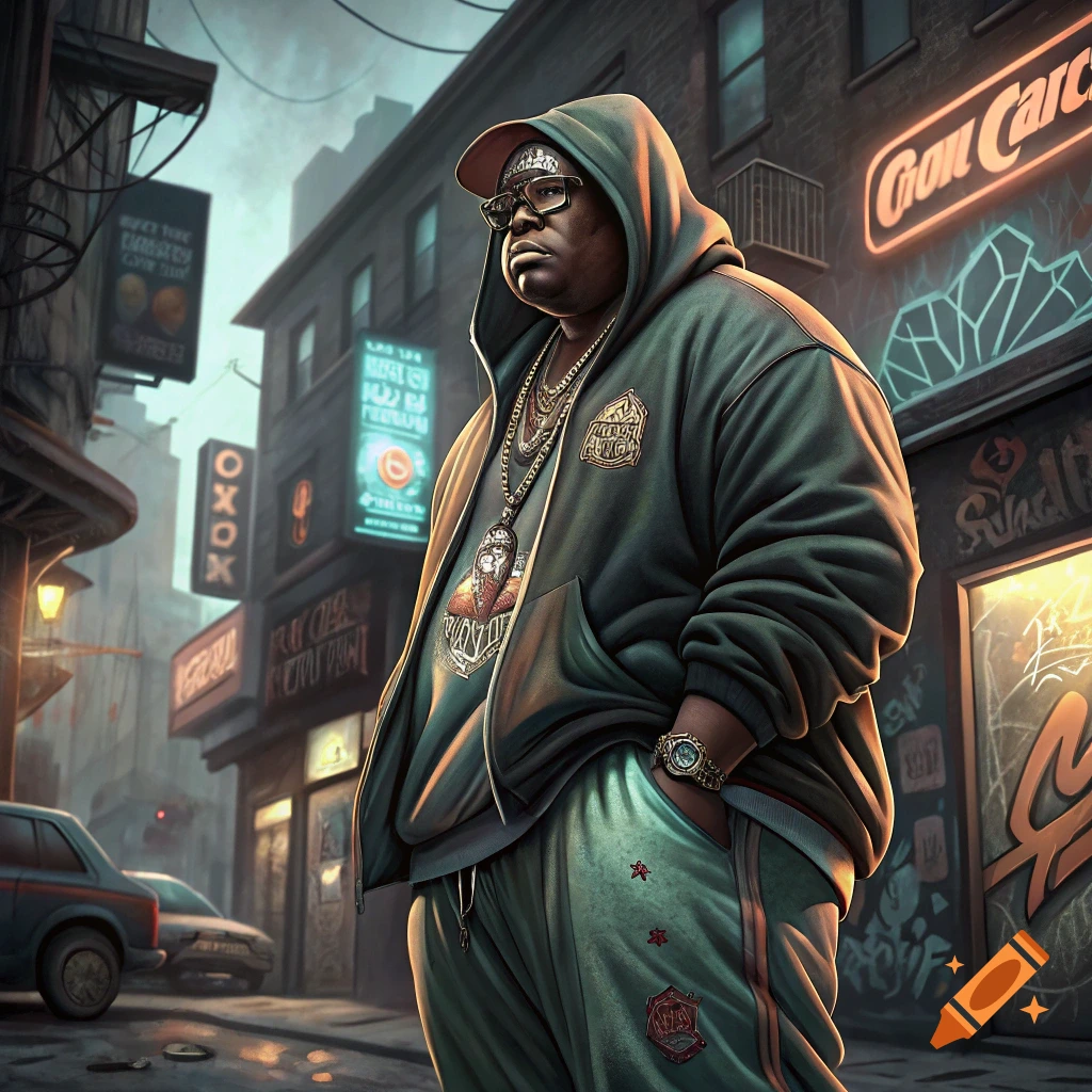 A portly man resembling E-40 in a dark green hoodie and sweatpants with gold chains stands in an urban street at dusk, evoking a GTA character style.