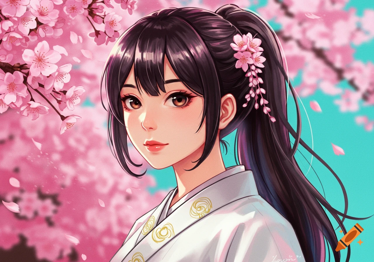 Anime-style portrait of a young woman with dark hair and cherry blossoms in her hair, wearing a white garment, set against a background of pink cherry blossoms.