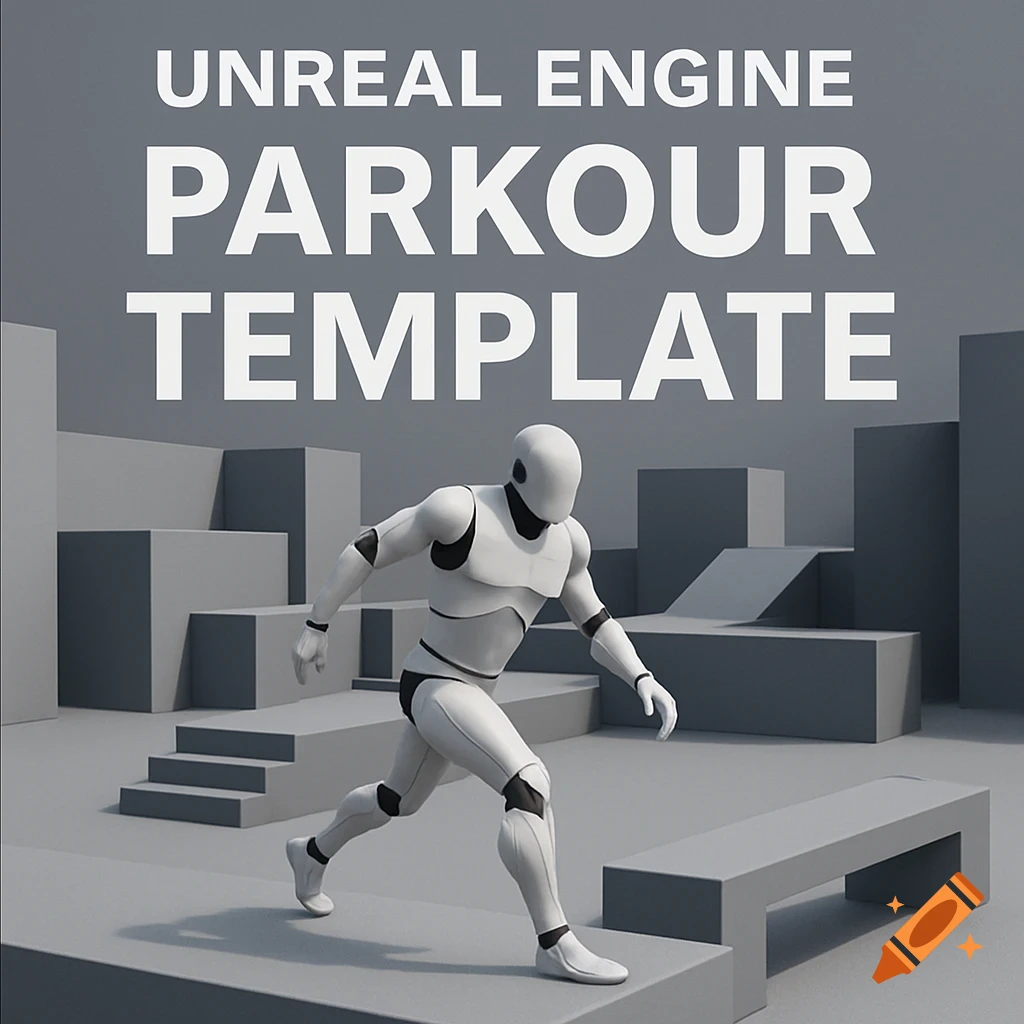 A white Unreal Engine mannequin in a parkour pose in a greybox environment, with "UNREAL ENGINE PARKOUR TEMPLATE" text above.
