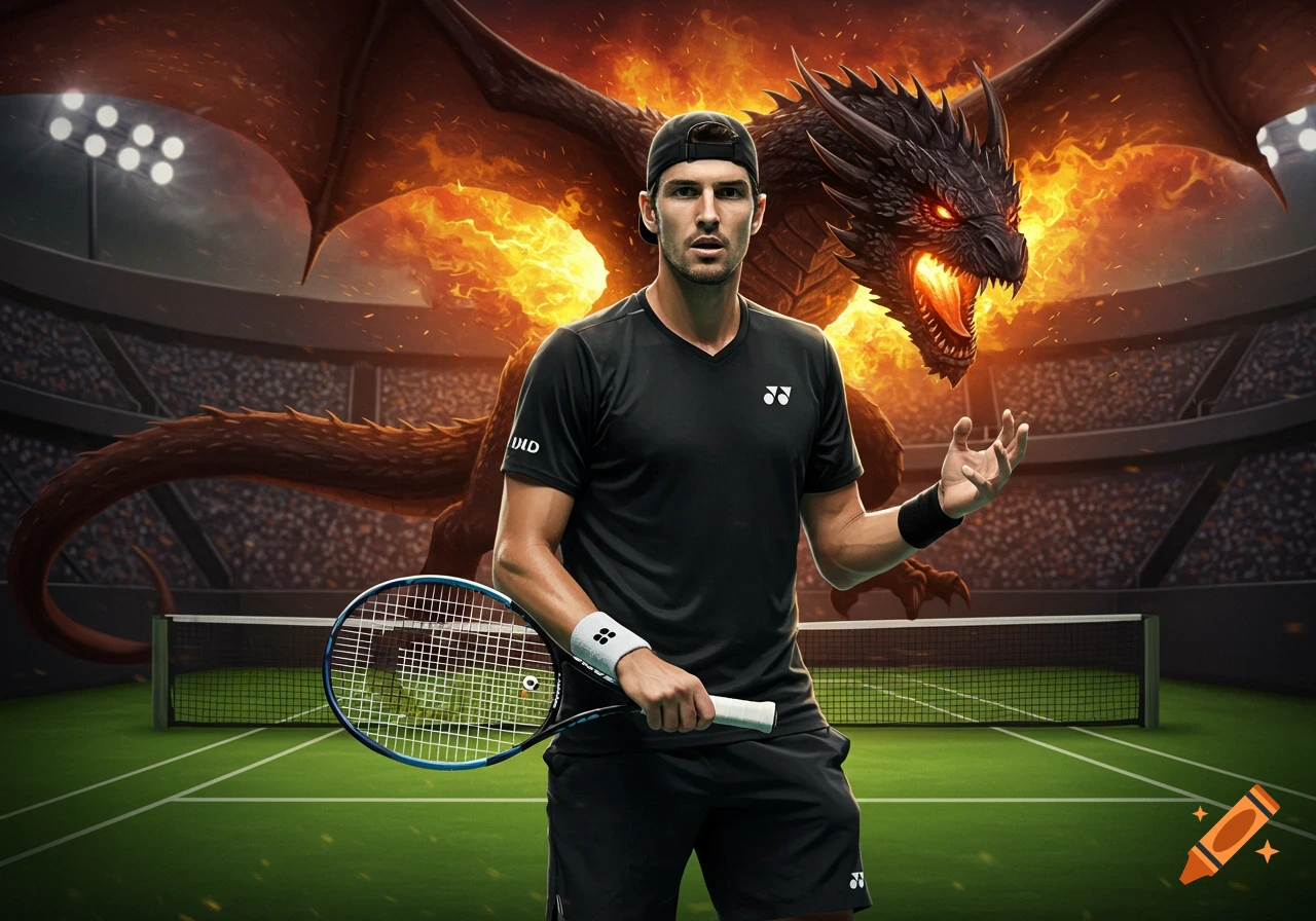 A photorealistic image of a male tennis player in black attire holding a racket on a green court, with a large fiery dragon behind him in a stadium.