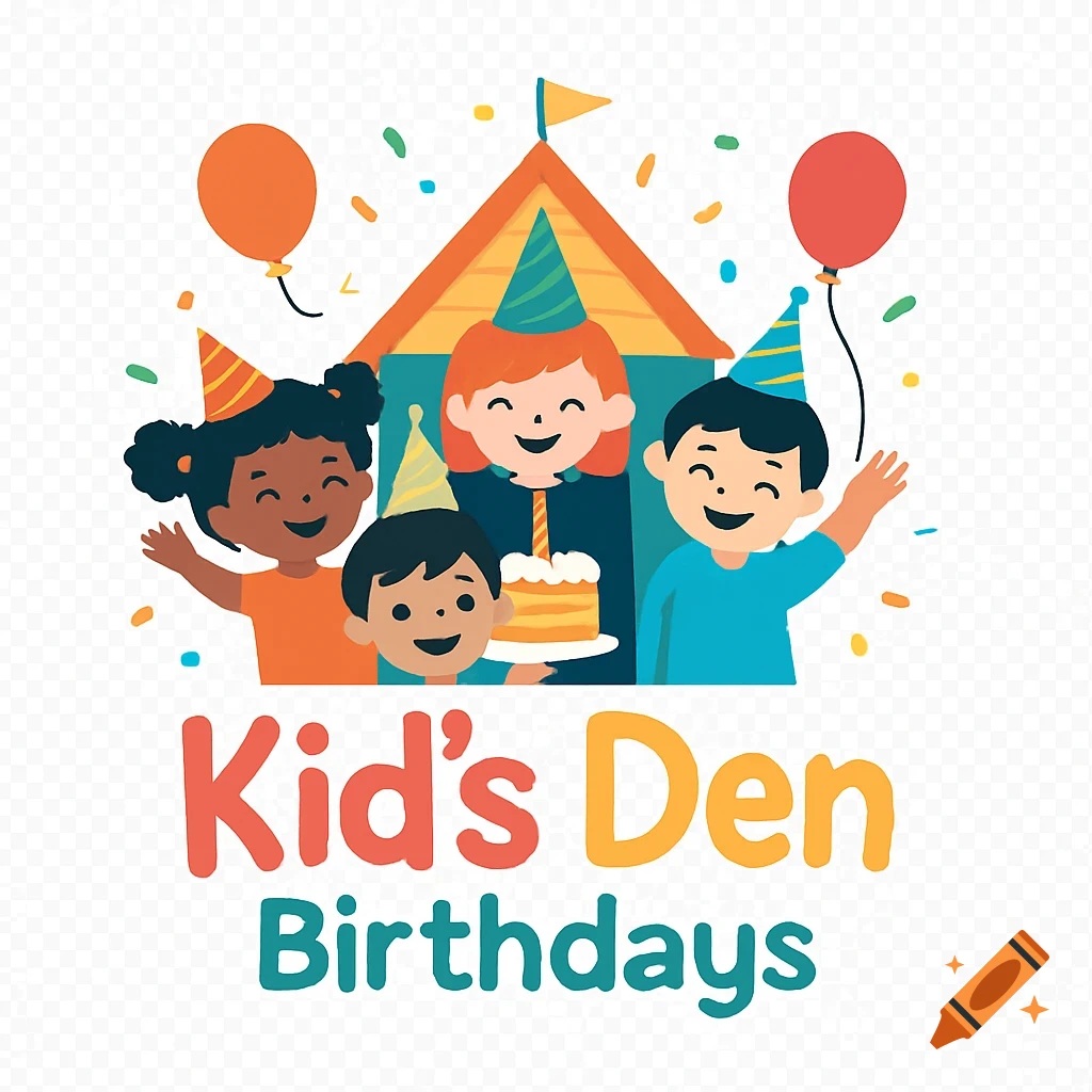 A colorful logo illustration of four smiling children in party hats, with balloons, confetti, a birthday cake, and a clubhouse in the background, with the text 'Kid's Den Birthdays'.