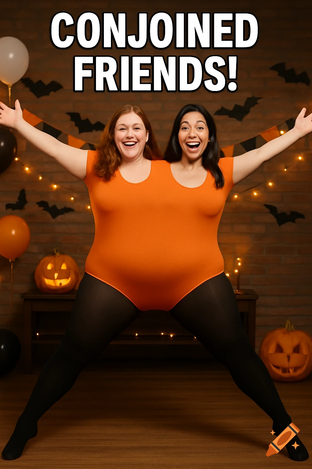 Two women in a conjoined orange bodysuit and black tights, with outstretched arms, celebrating Halloween.