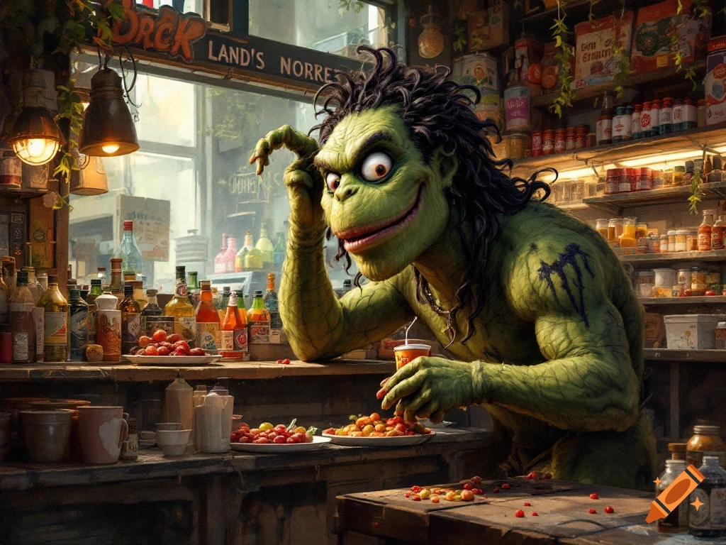 A green-skinned monster with large eyes and dark hair sits at a counter in a cluttered store, eating fruit. Digital painting.