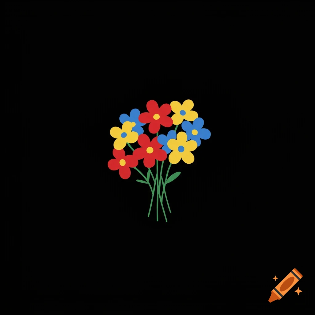 A simple clipart bouquet of red, yellow, and blue flowers with green stems against a black background.